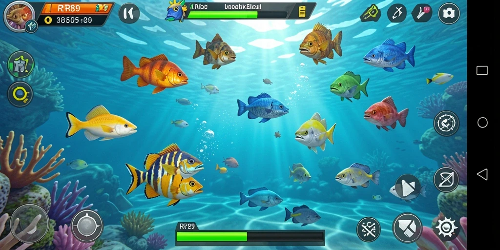 Screenshot gameplay RR89 dengan aksi menangkap ikan yang seru.