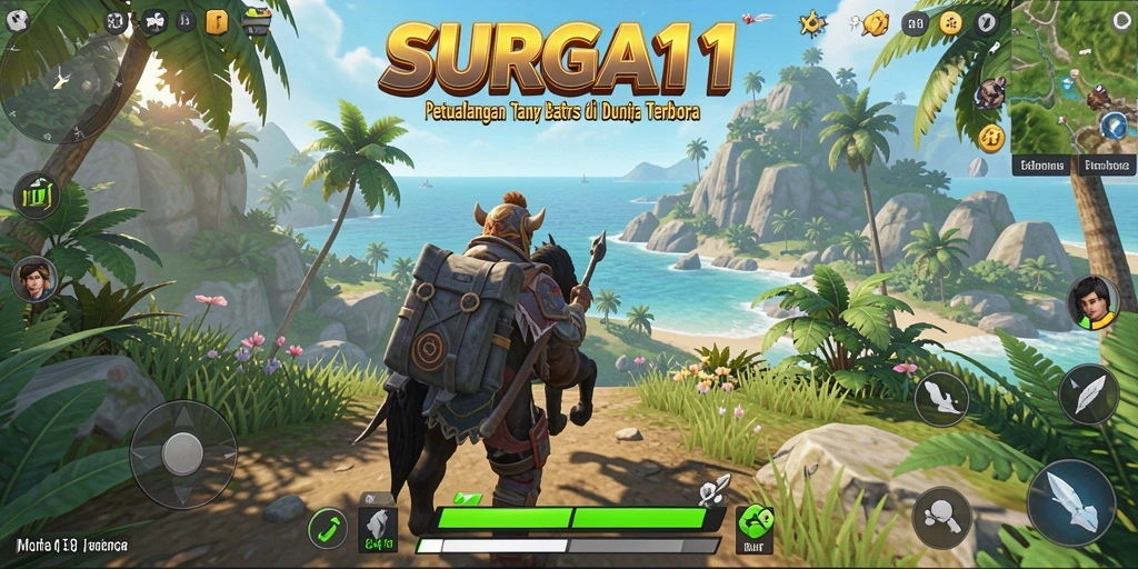 Screenshot utama SURGA11 menampilkan aksi seru di dunia terbuka.
